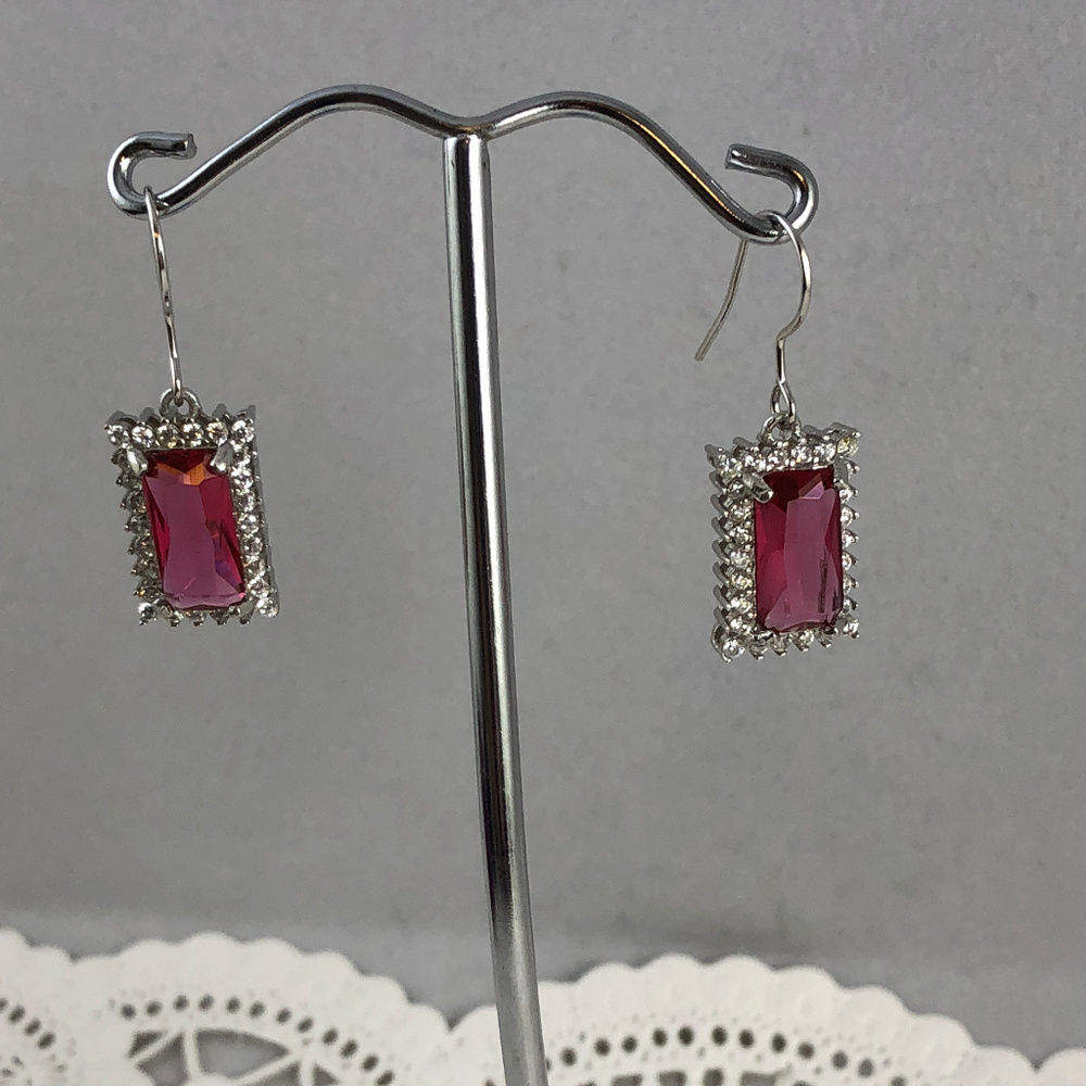 4CT 11x6MM Ruby & White Topaz 925 Silver Earrings